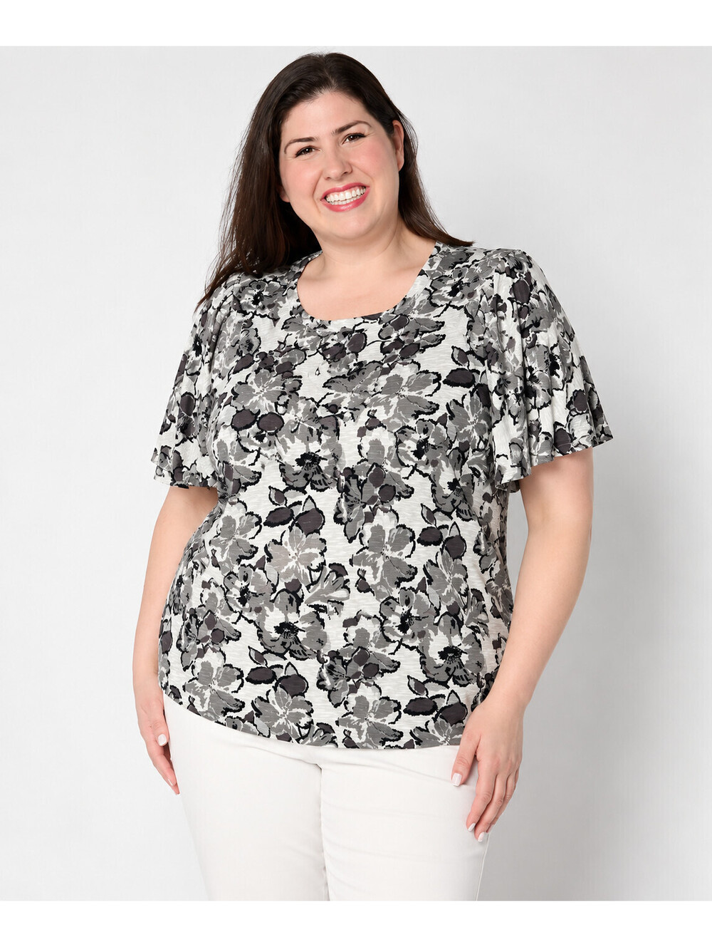 AnyBody Floral Printed Flutter Sleeve Slub Knit Women's Top Natural, Size Small